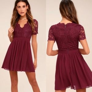 Lulus Angel in Disguise Burgundy Lace Skater Dress